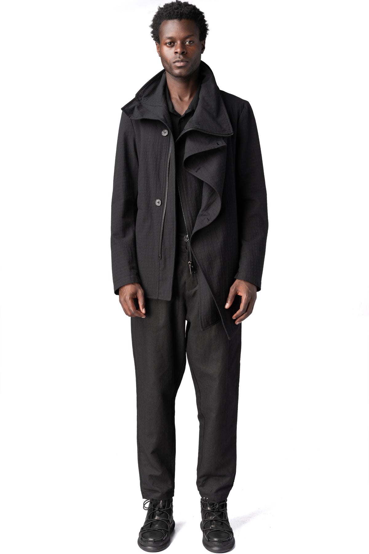 Regular asymmetric textured cotton jacket, Black