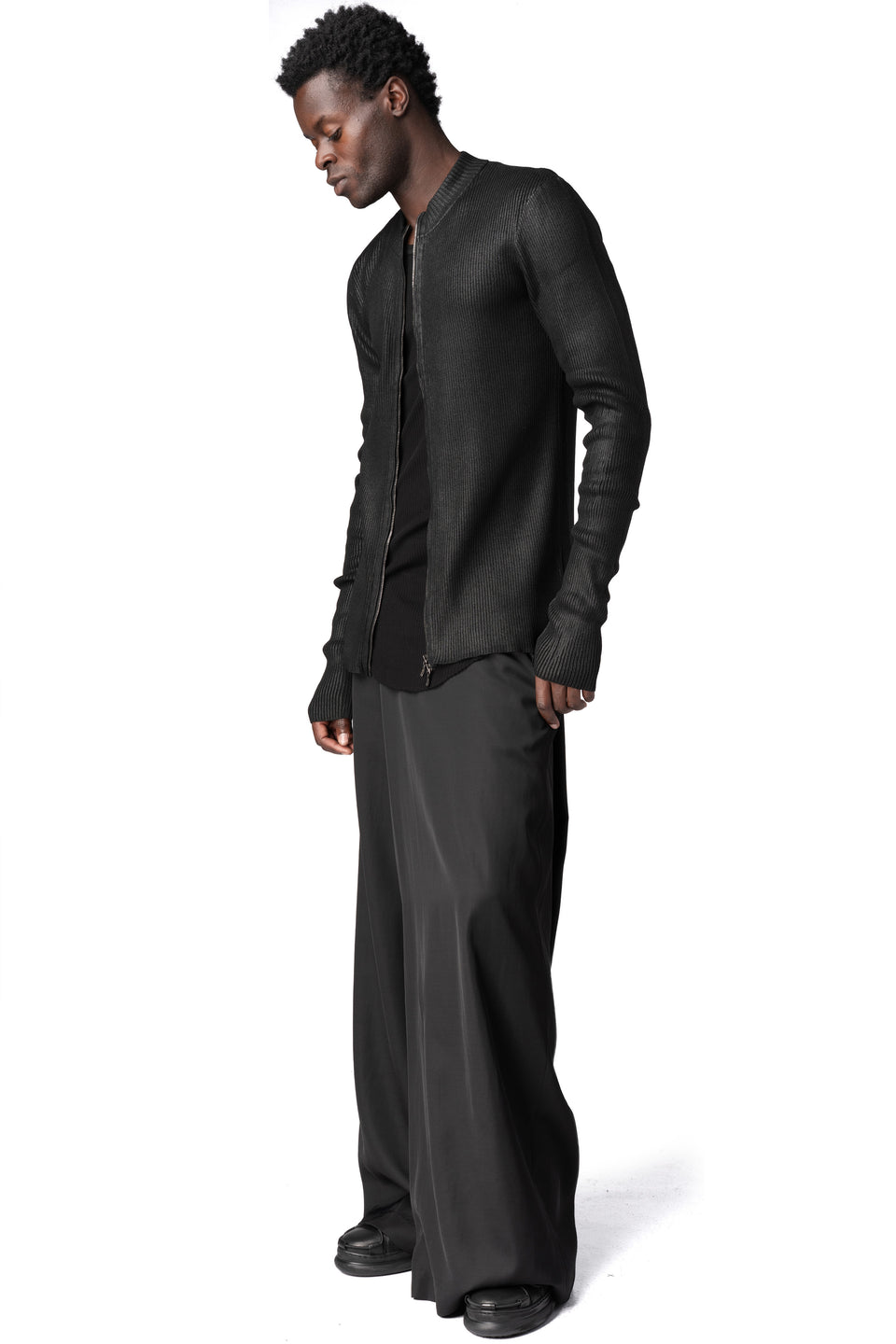 Coated zip-front knit cardigan, Black