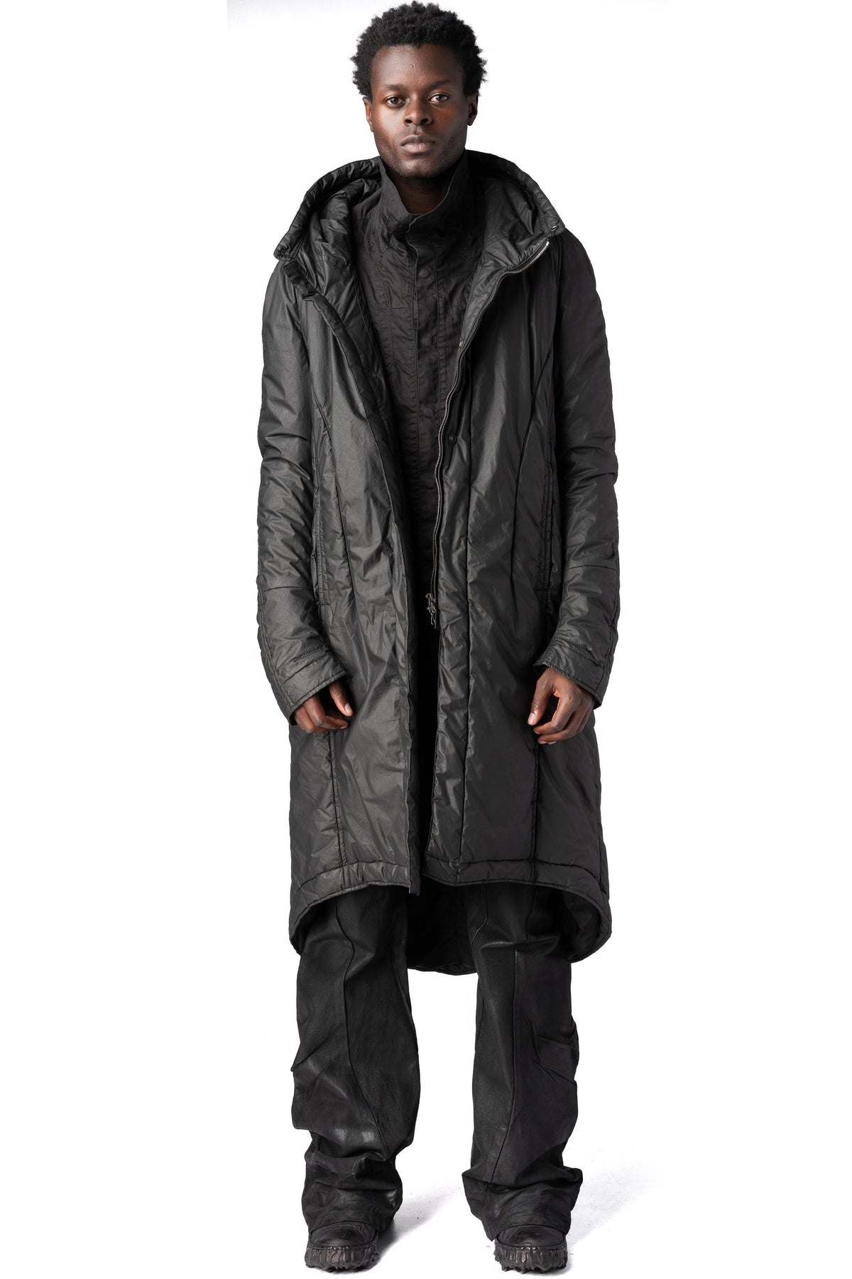 Julius_7 | AW26 - Hooded coated long coat, Black 957COM2