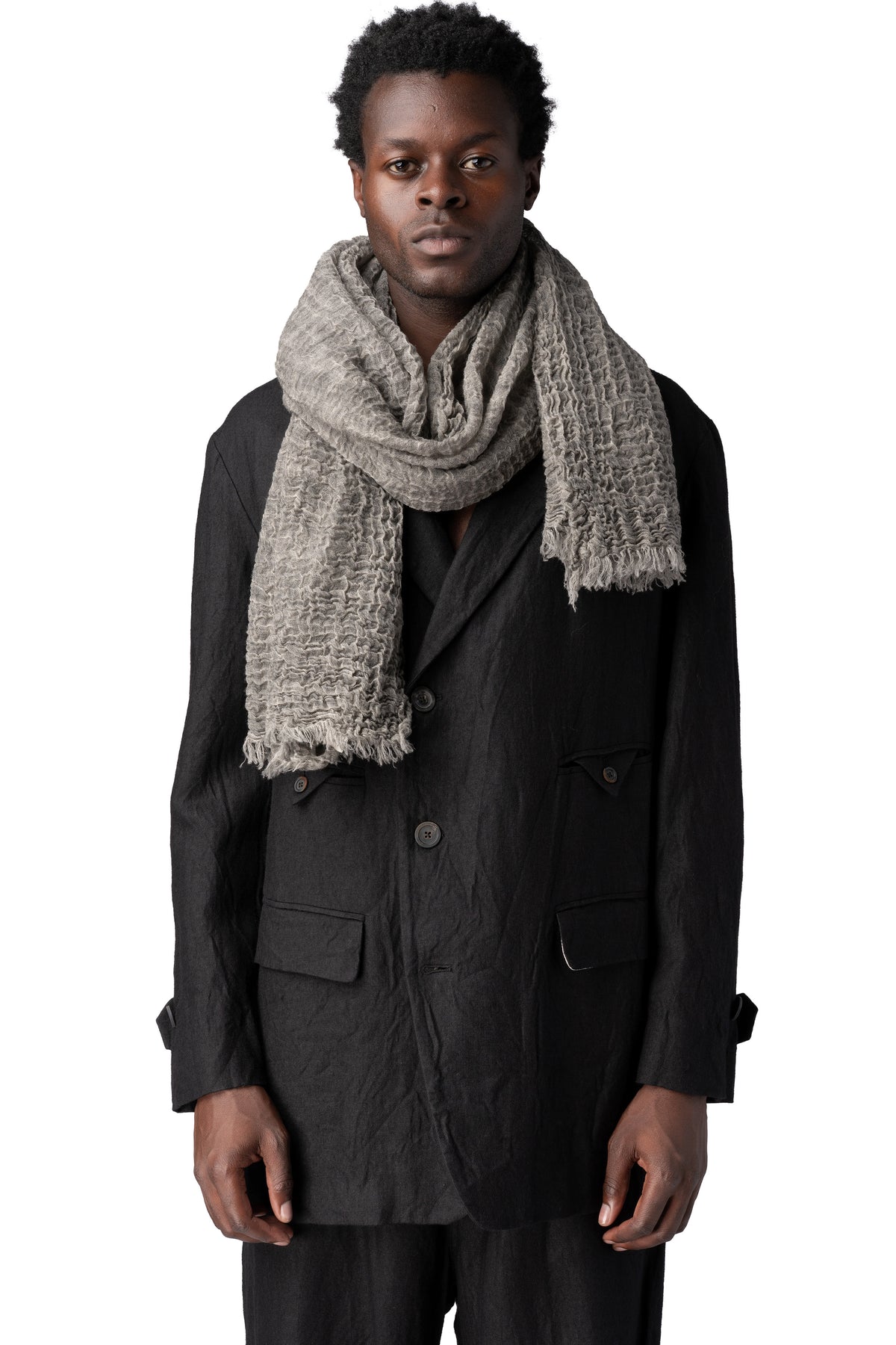 Forme D'Expression | AW26 - Wrinkled gauze wool scarf, Asphalt HX125, front view