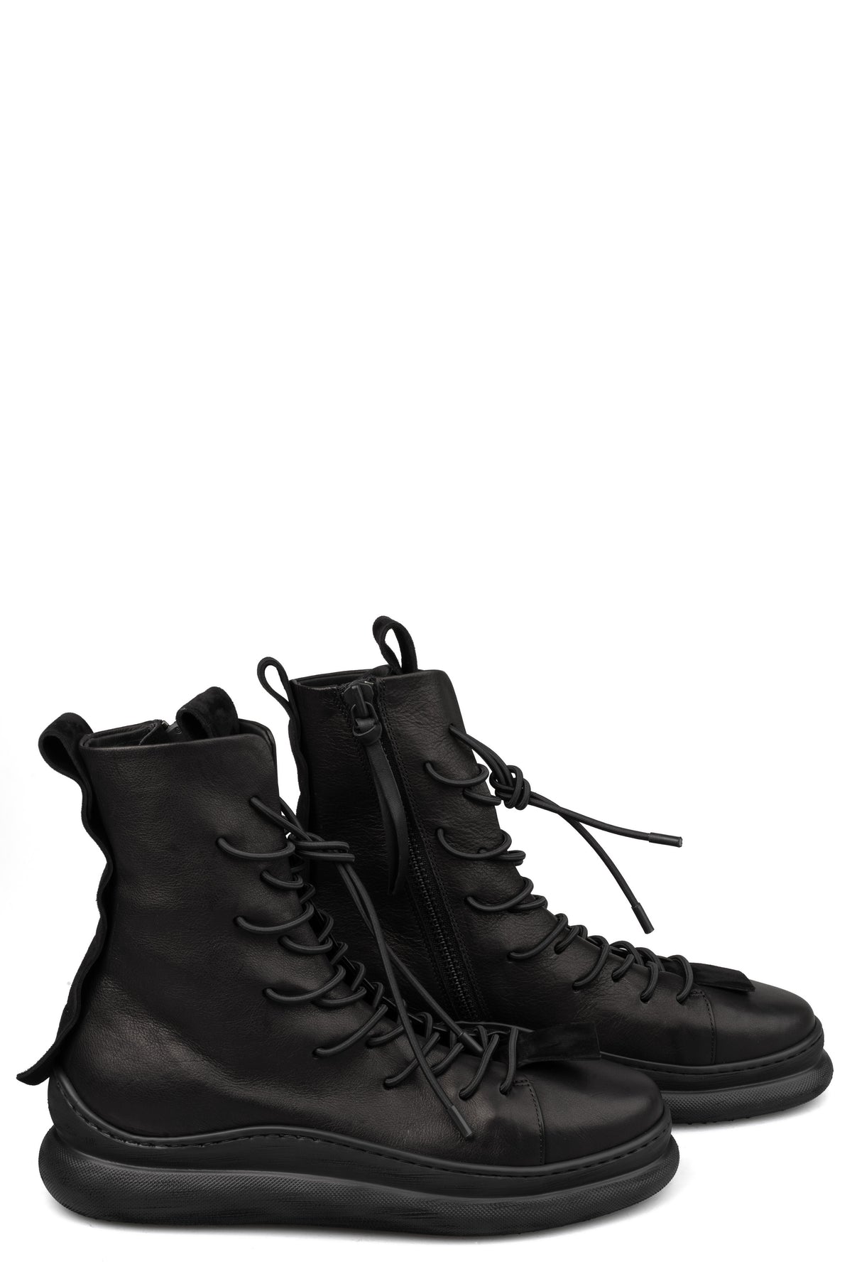 High top laced zip calf leather sneakers