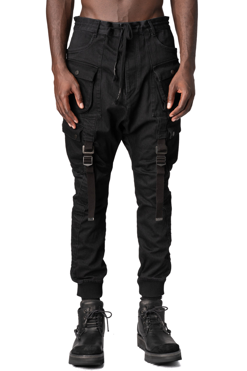 Adjustable belt stretch denim cargo jogger trousers, Black