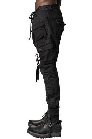 Adjustable belt stretch denim cargo jogger trousers, Black