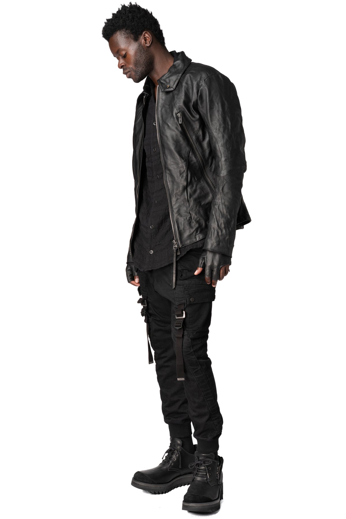 Horse leather jacket with detachable collar and gloves, Black