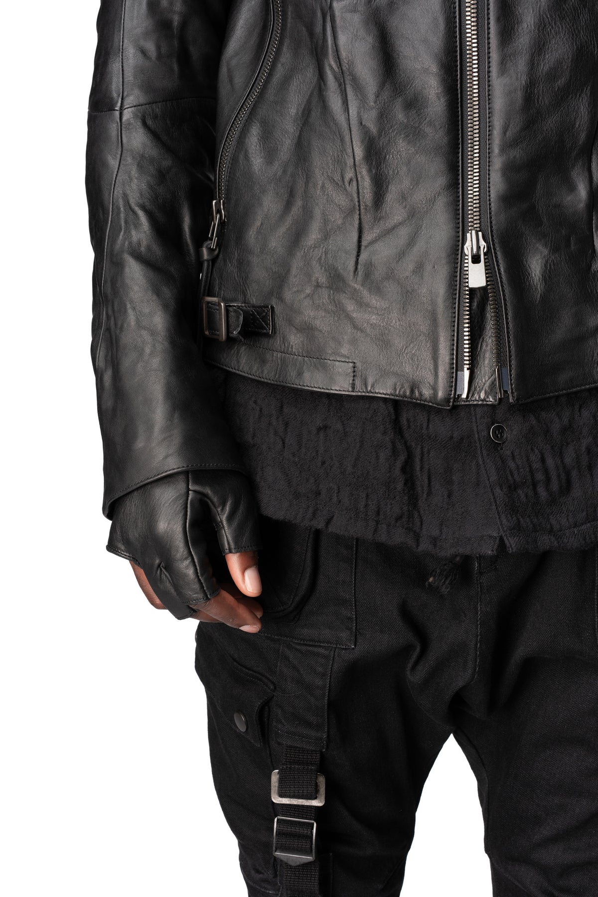 Horse leather jacket with detachable collar and gloves, Black