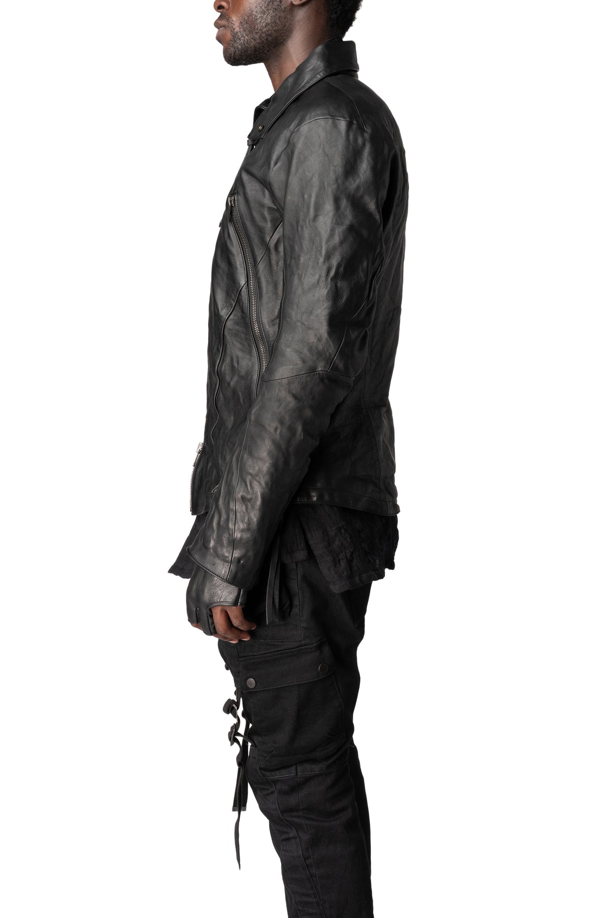 Horse leather jacket with detachable collar and gloves, Black
