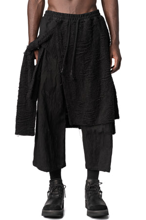 Distressed jacquard apron-front wide-leg cropped trousers, Black