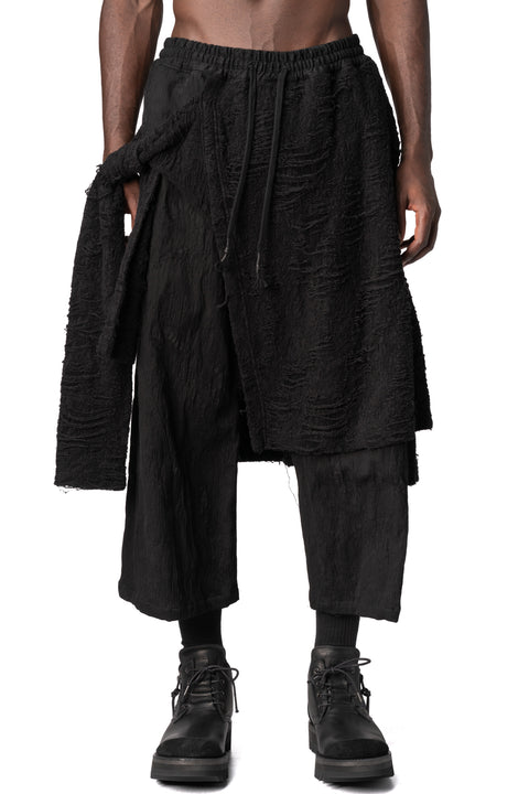 Distressed jacquard apron-front wide-leg cropped trousers, Black