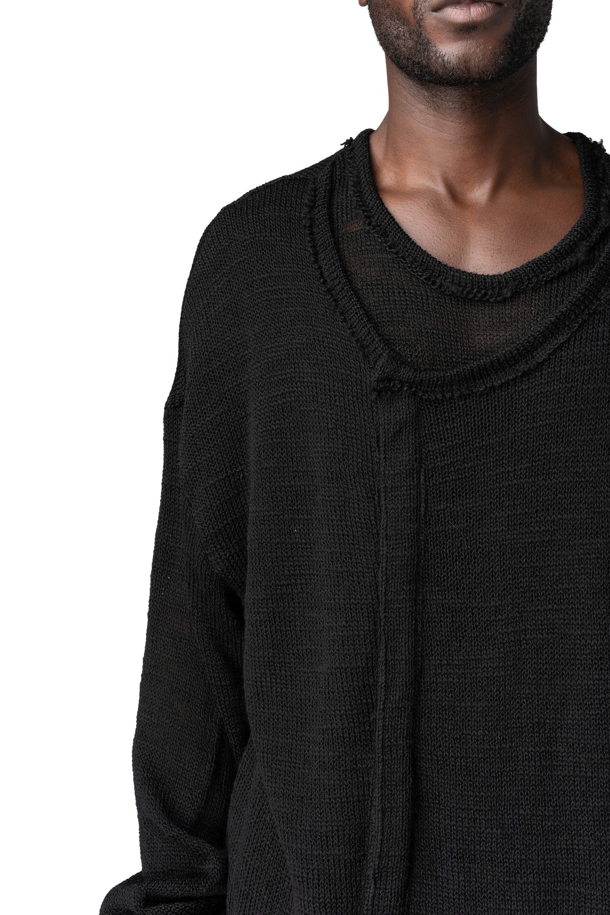 Wool knit double front sweater, Black