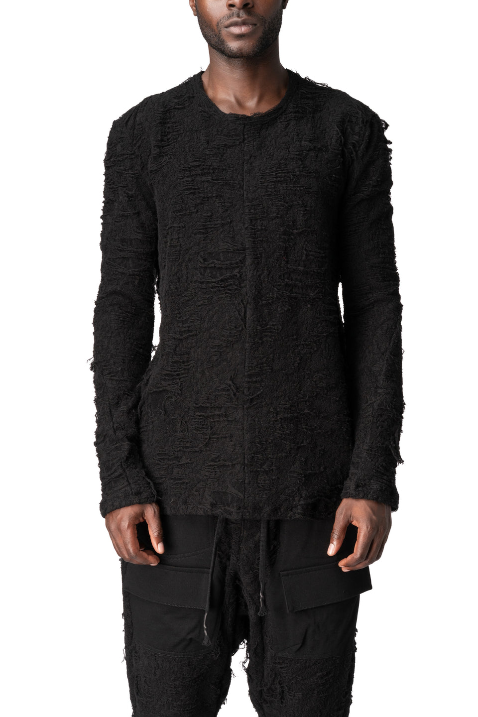 Distressed terry long-sleeve T-shirt, Black
