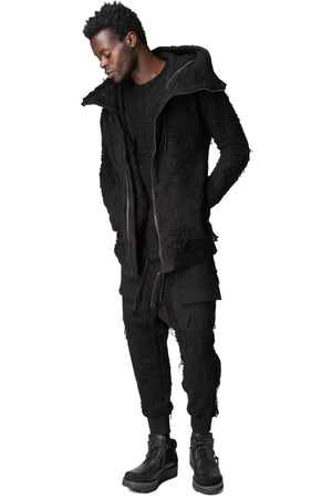 Distressed terry zip hoody, Black
