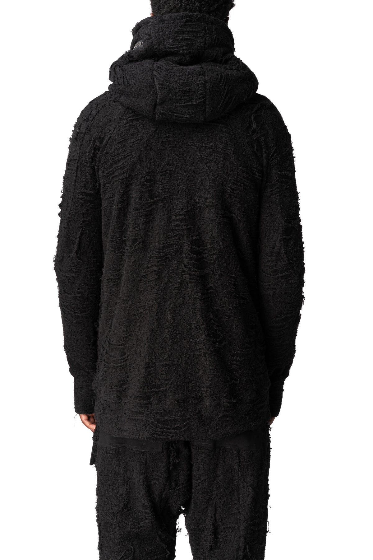 Distressed terry zip hoody, Black