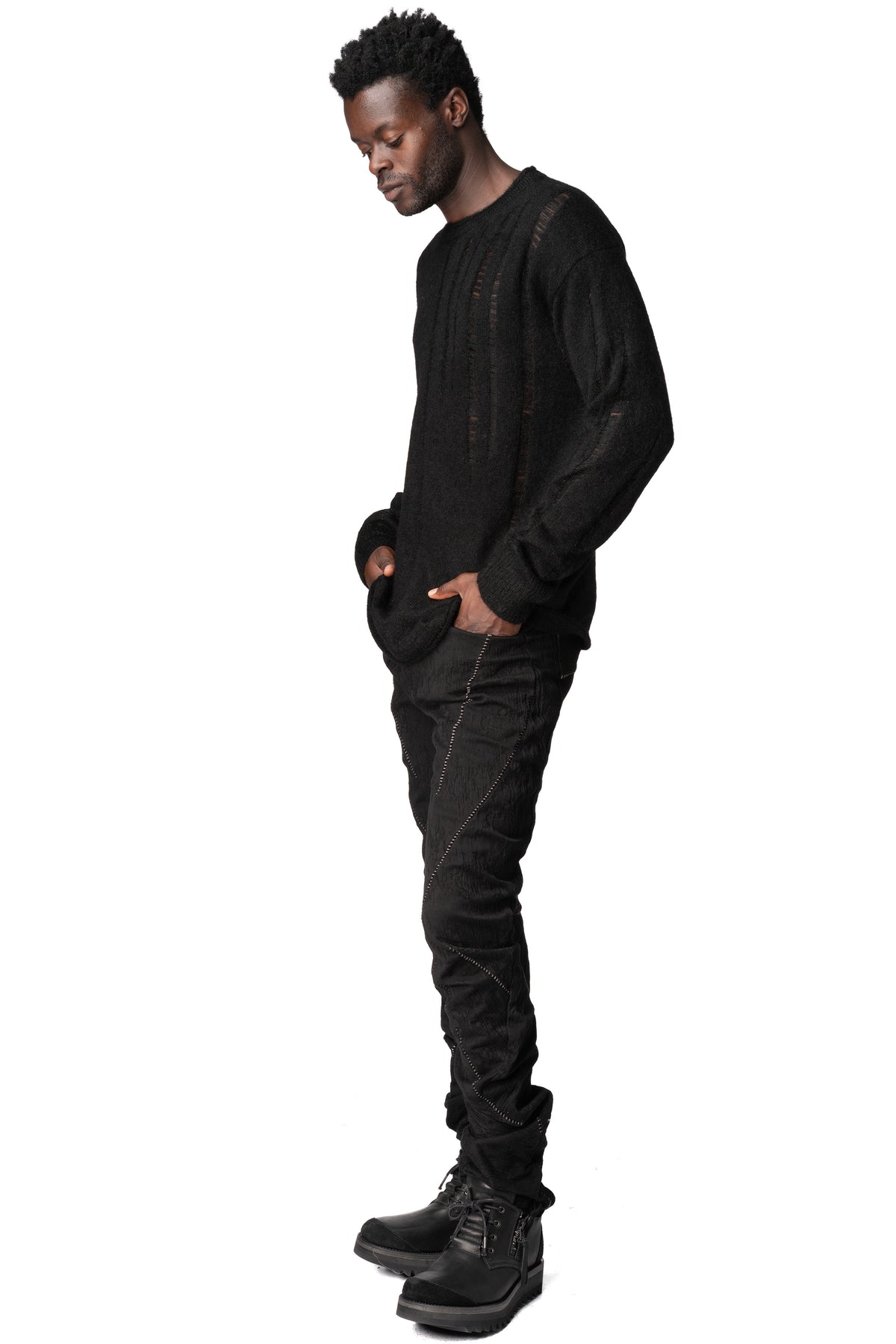 Distressed jacquard twisted curved trousers, Black