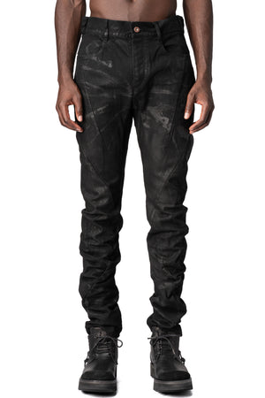 Coated stretch denim overlock twisted curved trousers, Black
