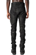 Coated stretch denim overlock twisted curved trousers, Black