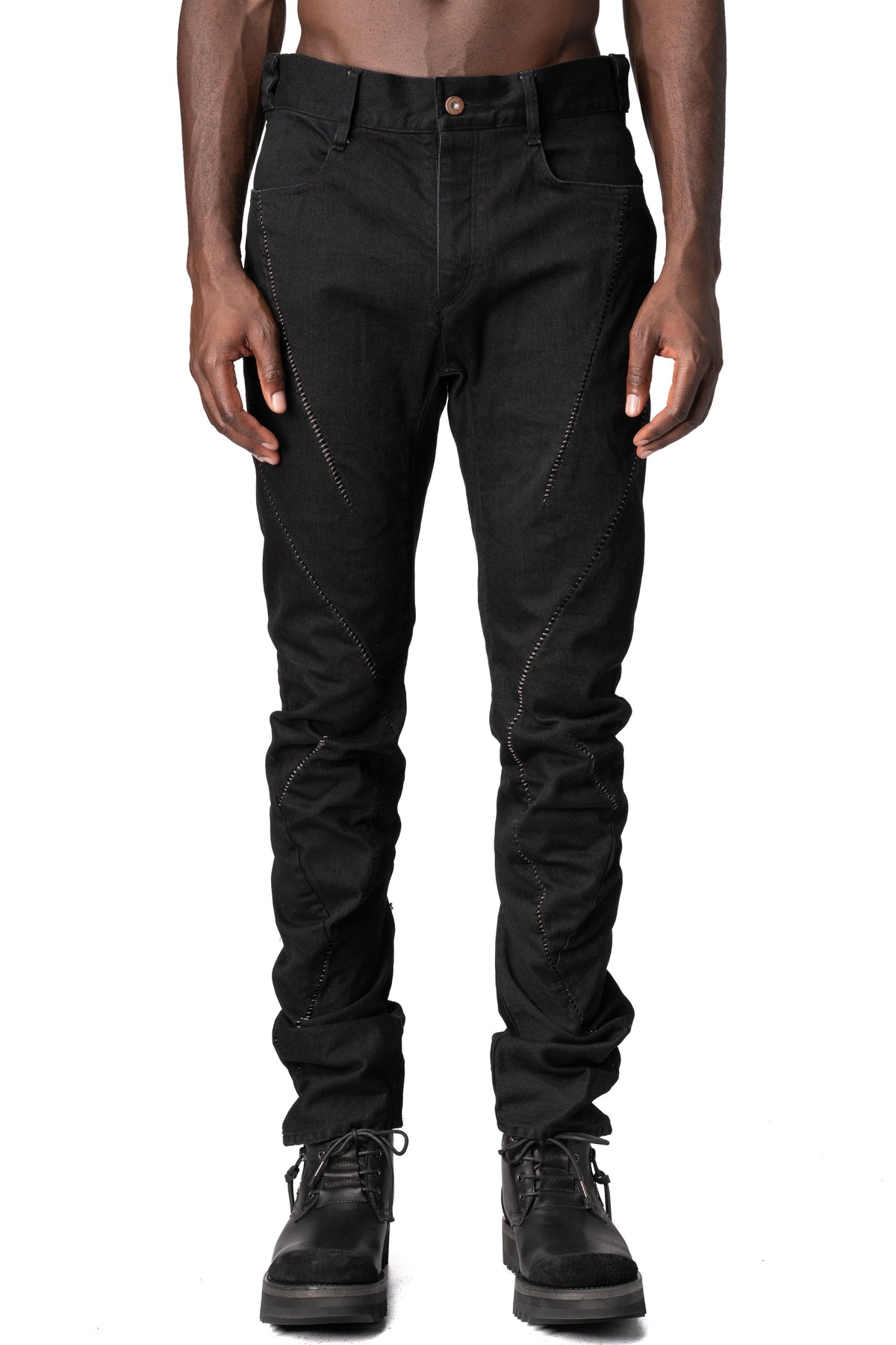 Stretch denim overlock twisted curve trousers, Black