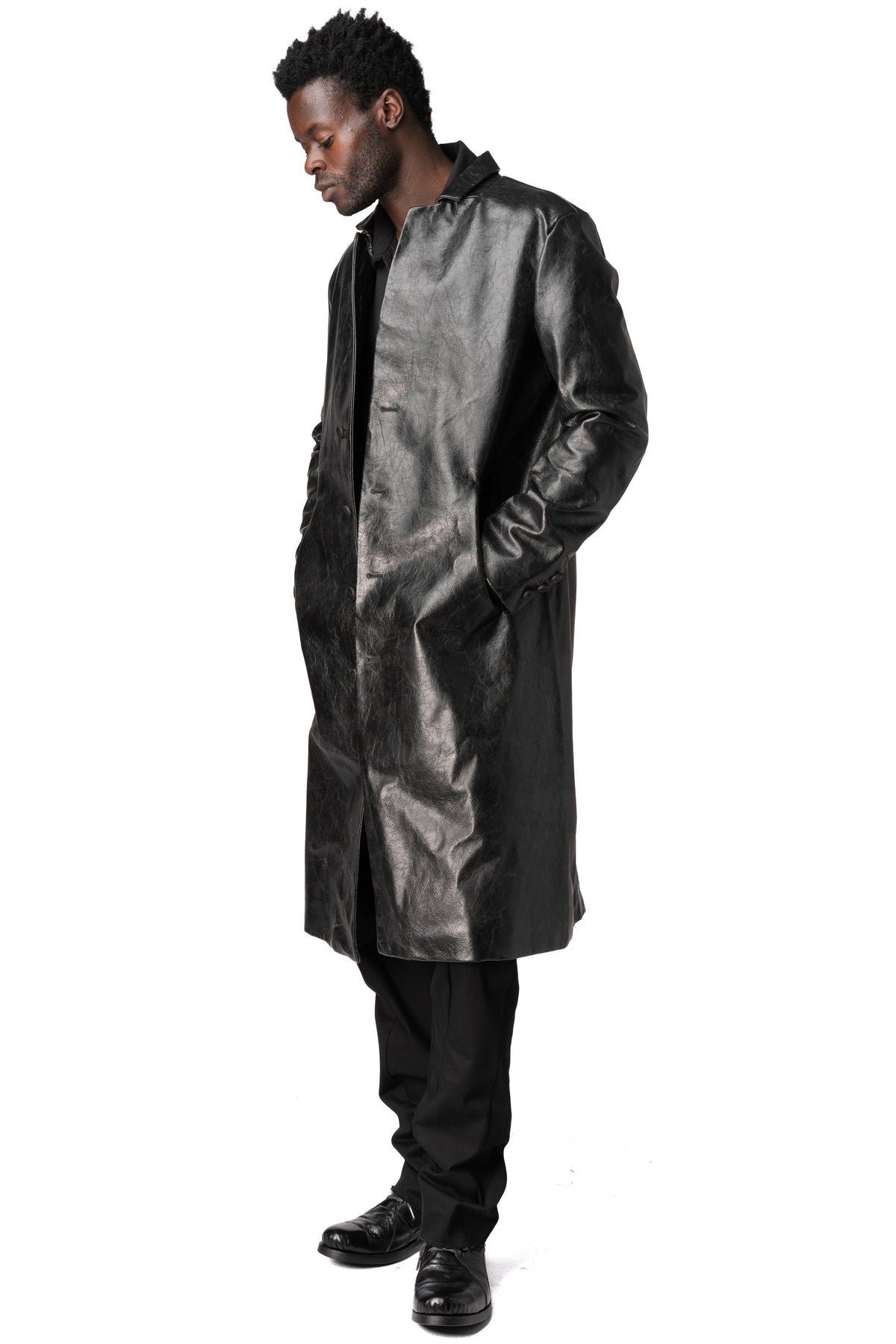 Calfskin leather long coat