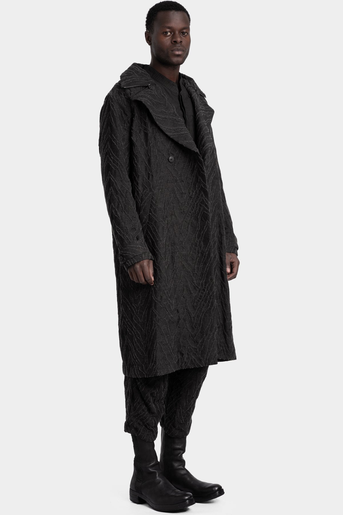 Deformed Herringbone Jacquard Double-Breasted Coat