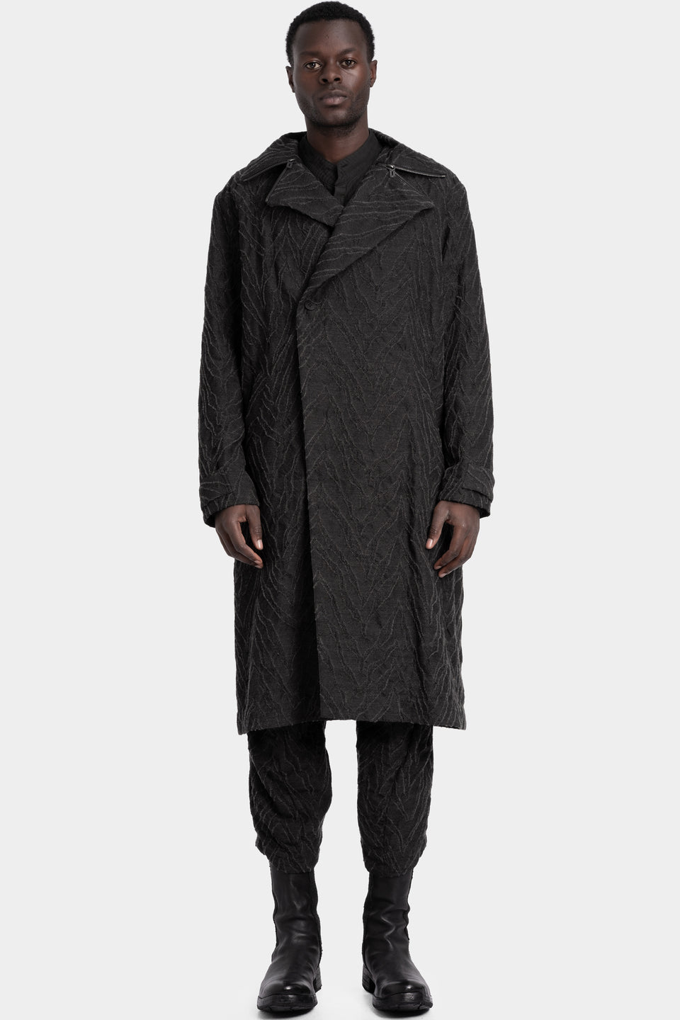 Deformed Herringbone Jacquard Double-Breasted Coat