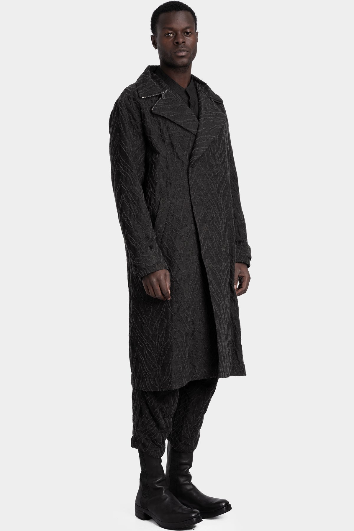 Deformed Herringbone Jacquard Double-Breasted Coat