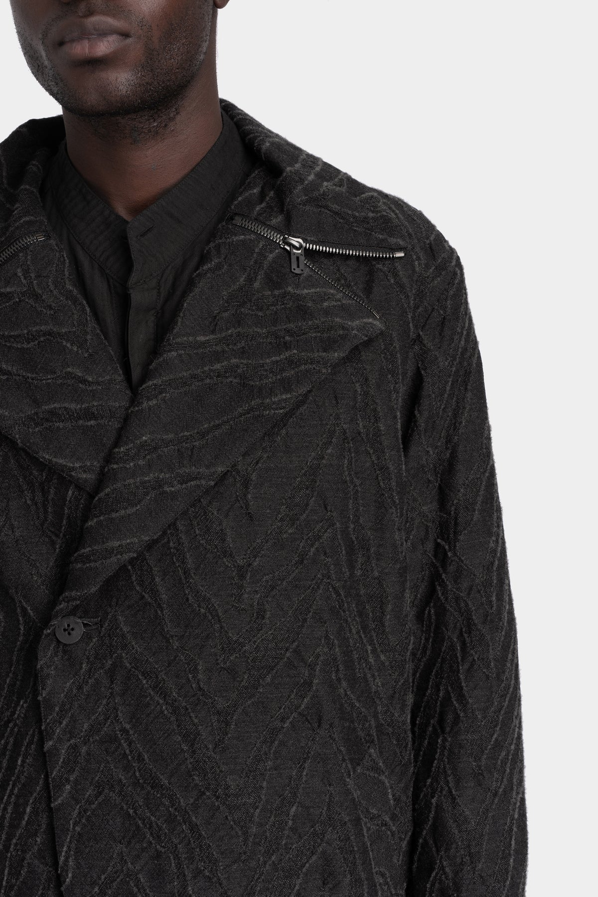 Deformed Herringbone Jacquard Double-Breasted Coat