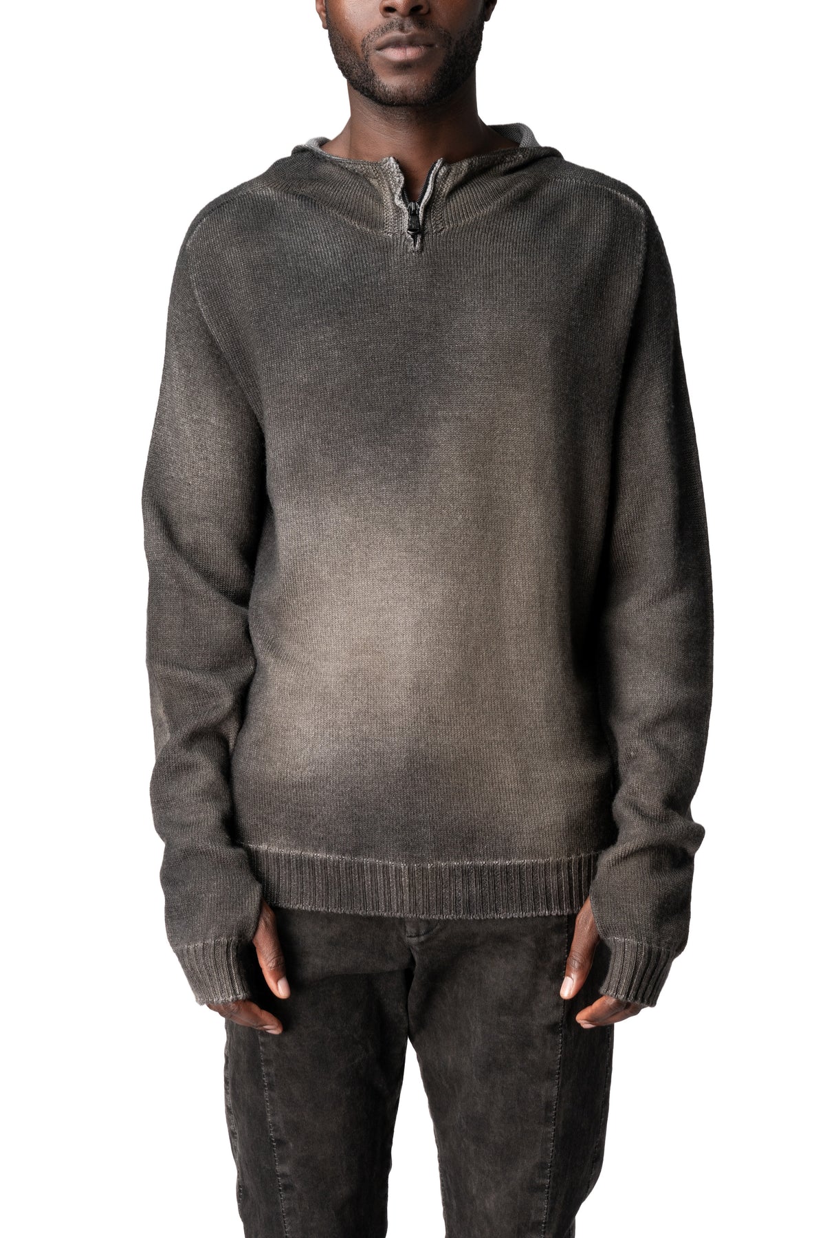 Hooded half-zip heavy wool sweater