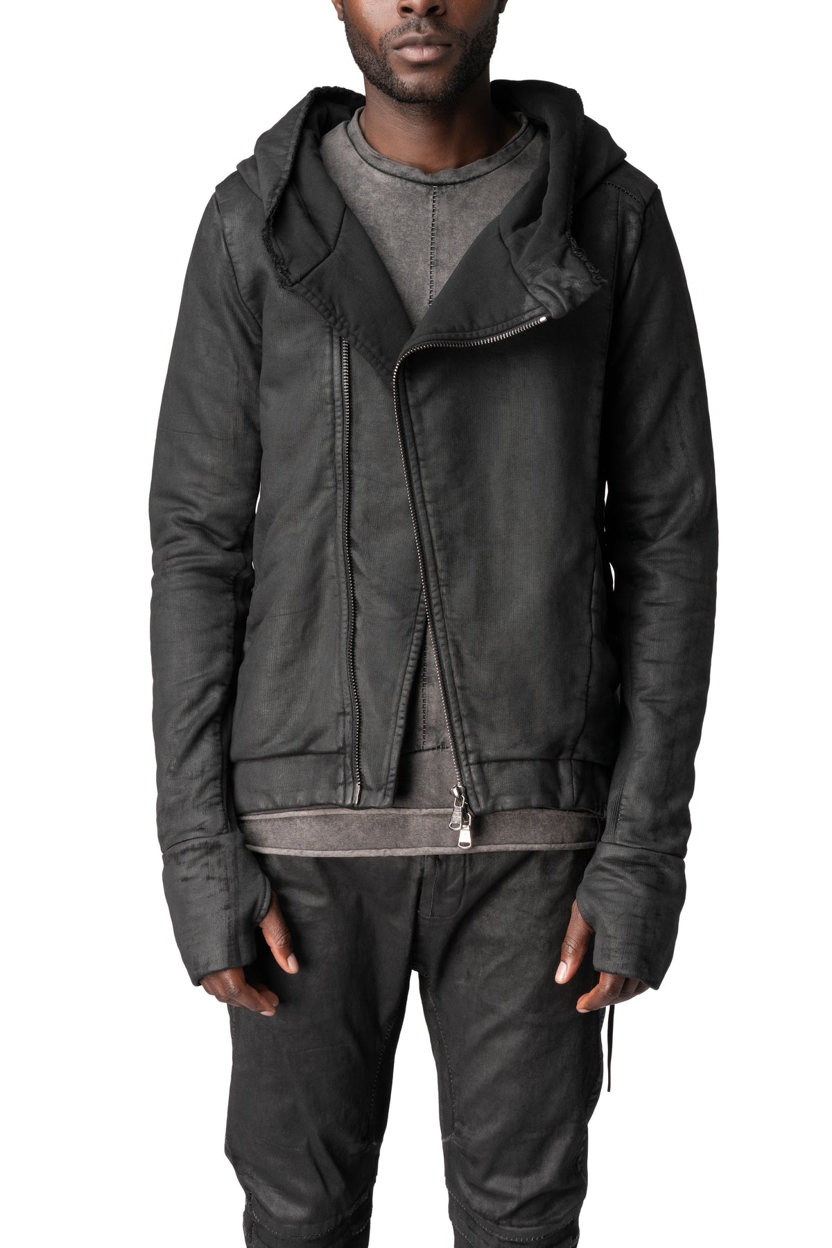 Asymmetric zip coated hooded sweatshirt, Black Leather