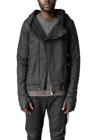 Asymmetric zip coated hooded sweatshirt, Black Leather