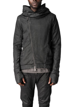 Asymmetric zip coated hooded sweatshirt, Black Leather