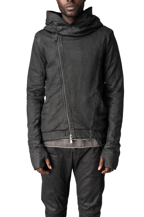 Asymmetric zip coated hooded sweatshirt, Black Leather