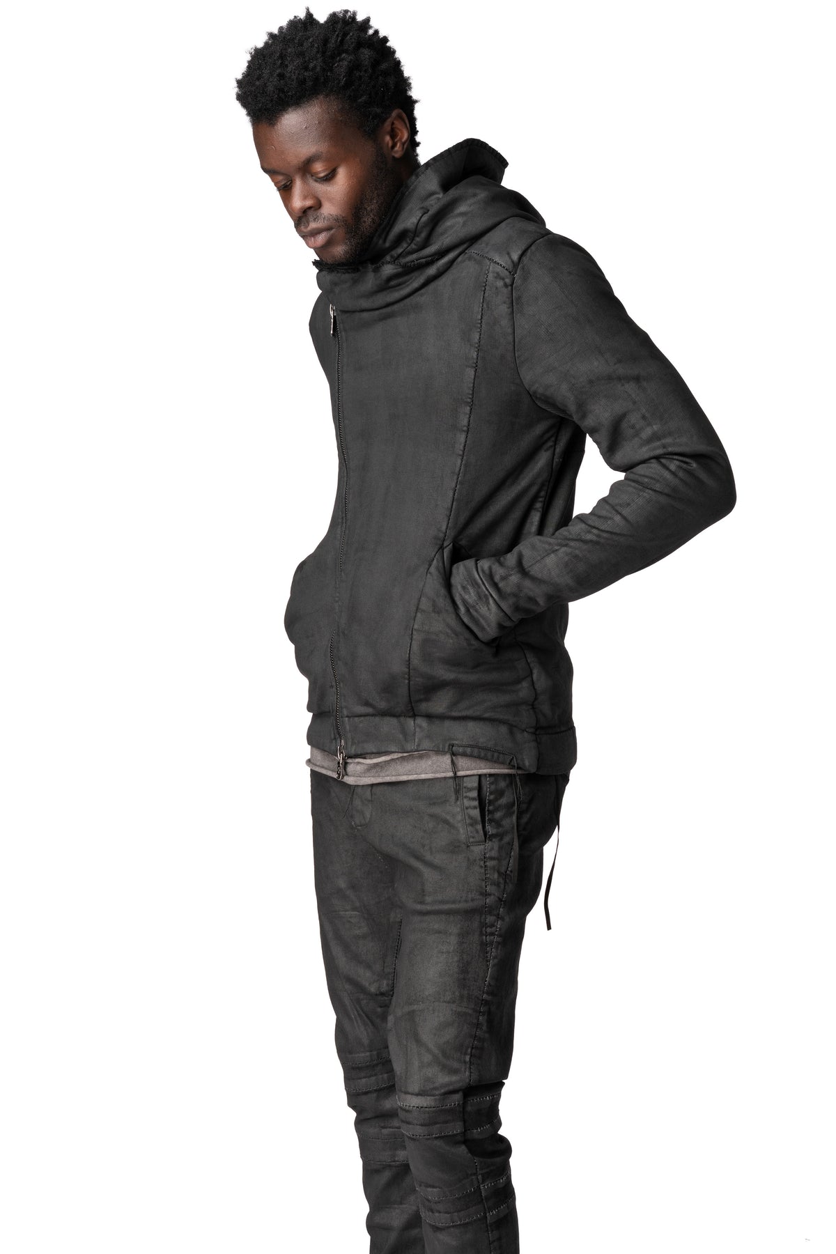 Asymmetric zip coated hooded sweatshirt, Black Leather