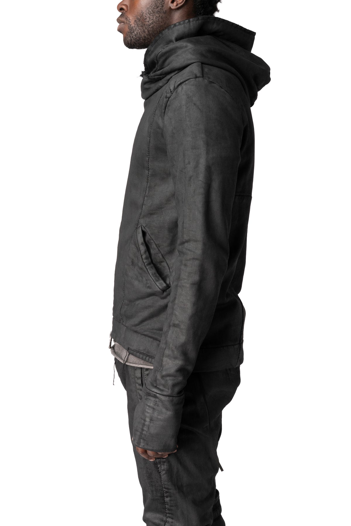 Asymmetric zip coated hooded sweatshirt, Black Leather