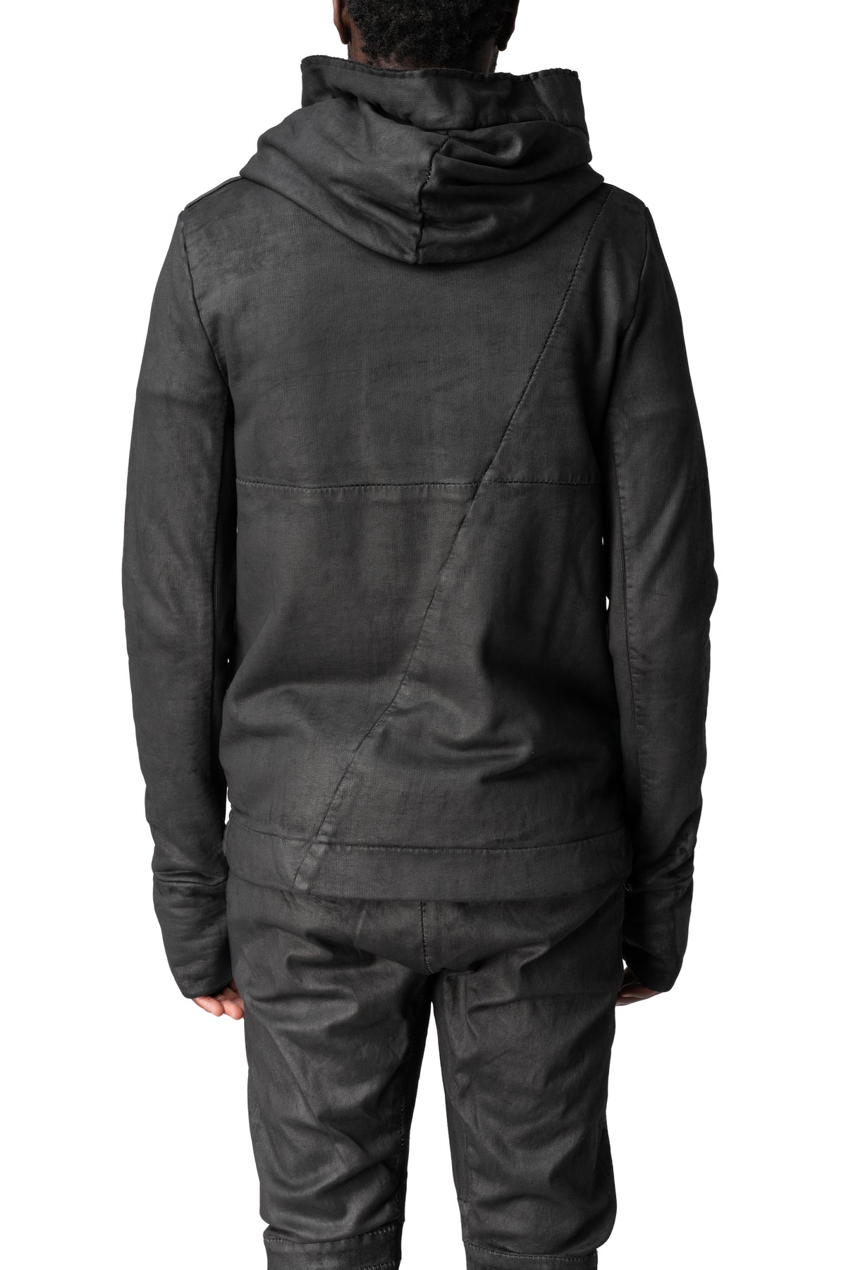 Asymmetric zip coated hooded sweatshirt, Black Leather
