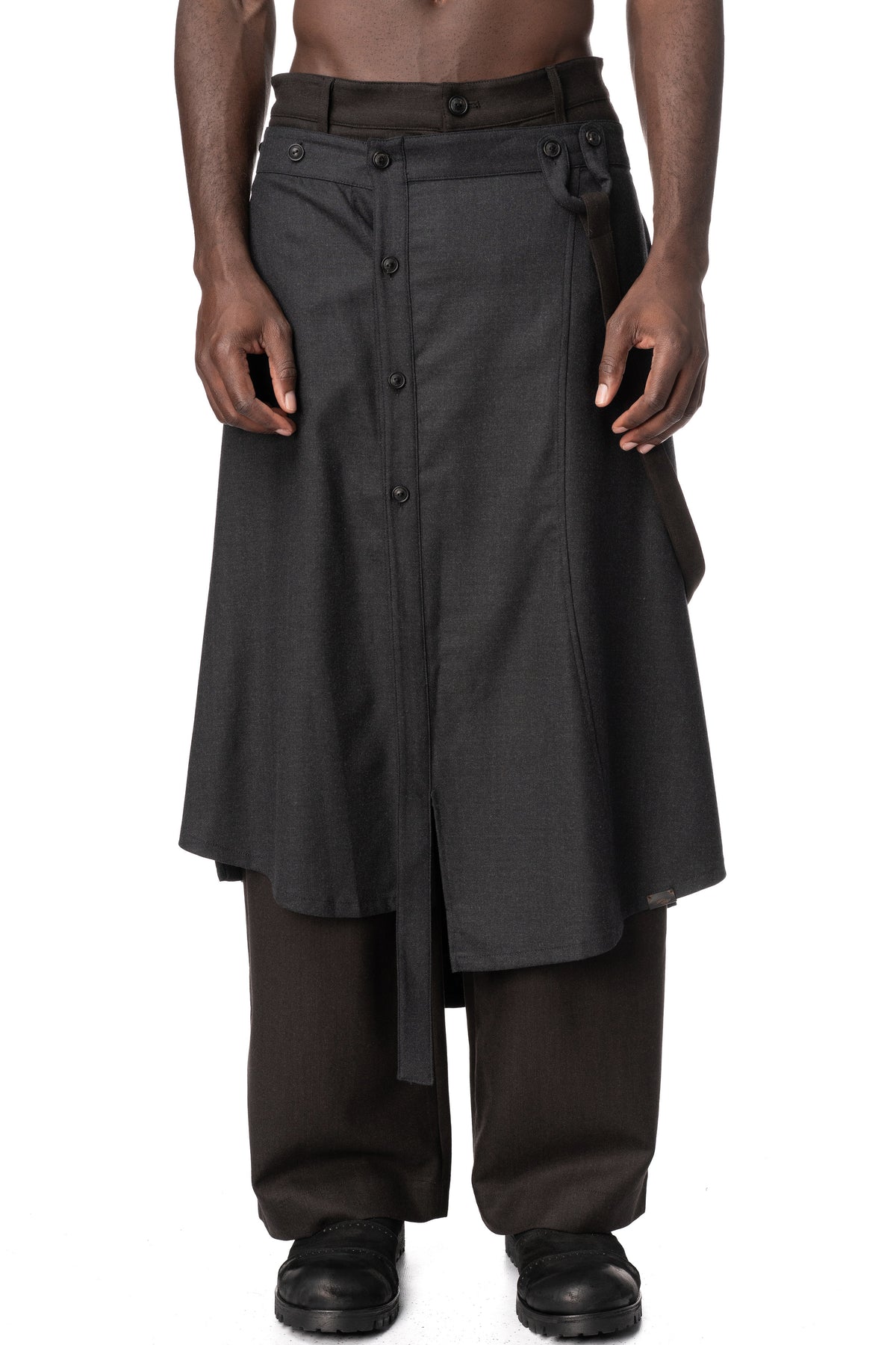 Asymmetric Suspender Skirt-Panel Pants, Brown