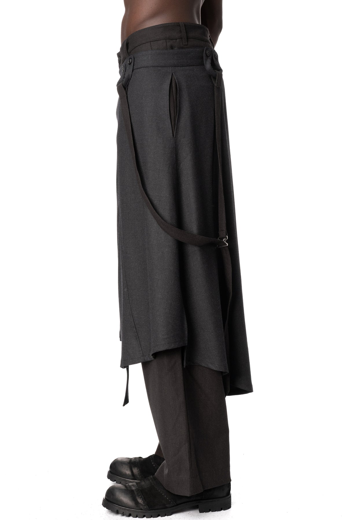 Asymmetric Suspender Skirt-Panel Pants, Brown