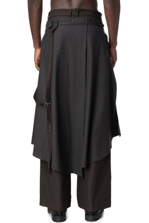 Asymmetric Suspender Skirt-Panel Pants, Brown