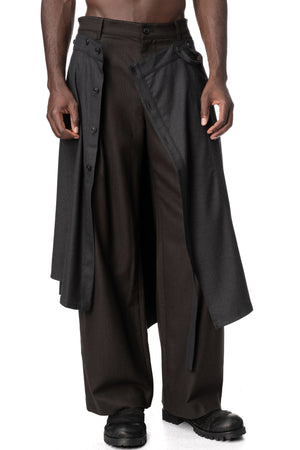 Asymmetric Suspender Skirt-Panel Pants, Brown