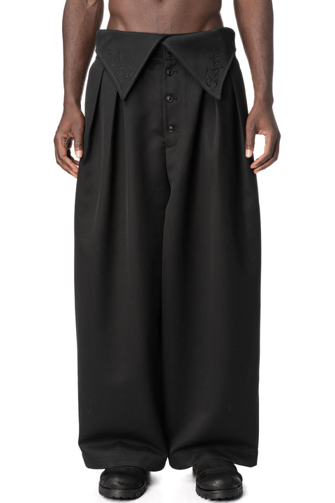 Foldable Waist Embroidered Trousers, Black