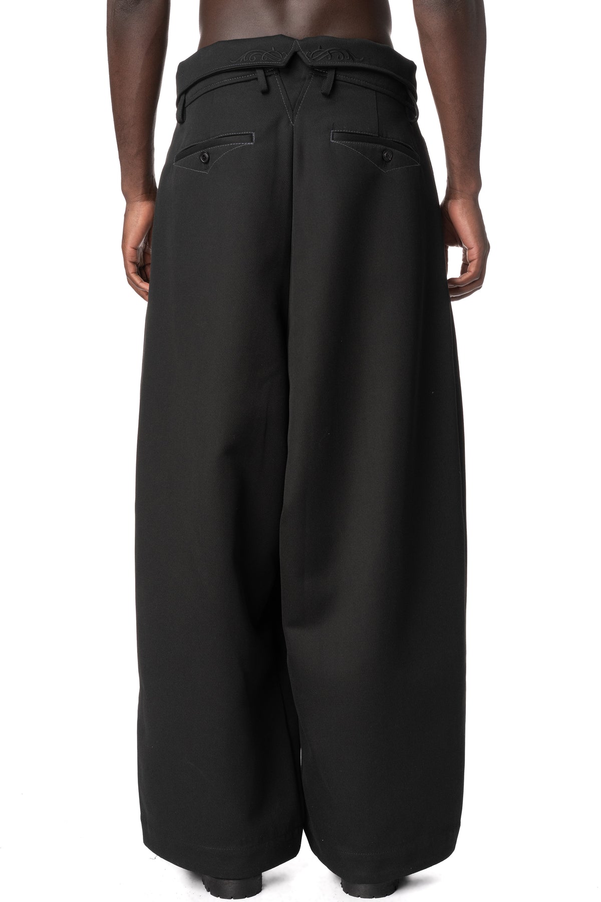 Foldable Waist Embroidered Trousers, Black