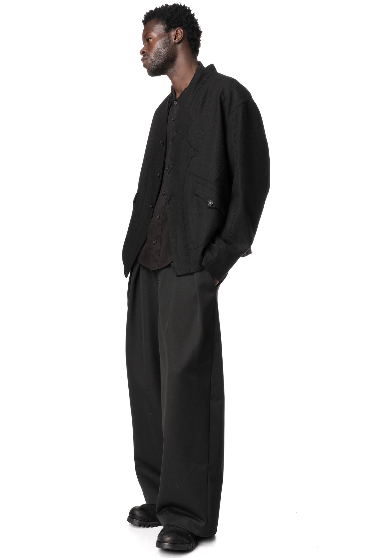Overlock Mandarin Collar Blazer, Black