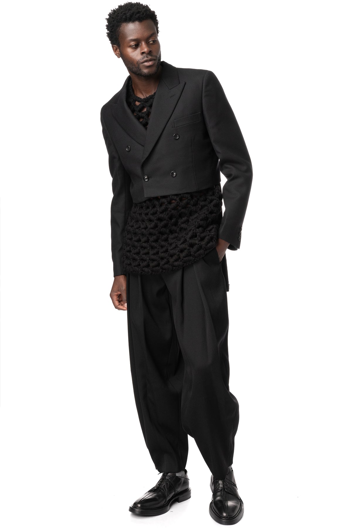 Cropped double-breasted wool blazer, Black