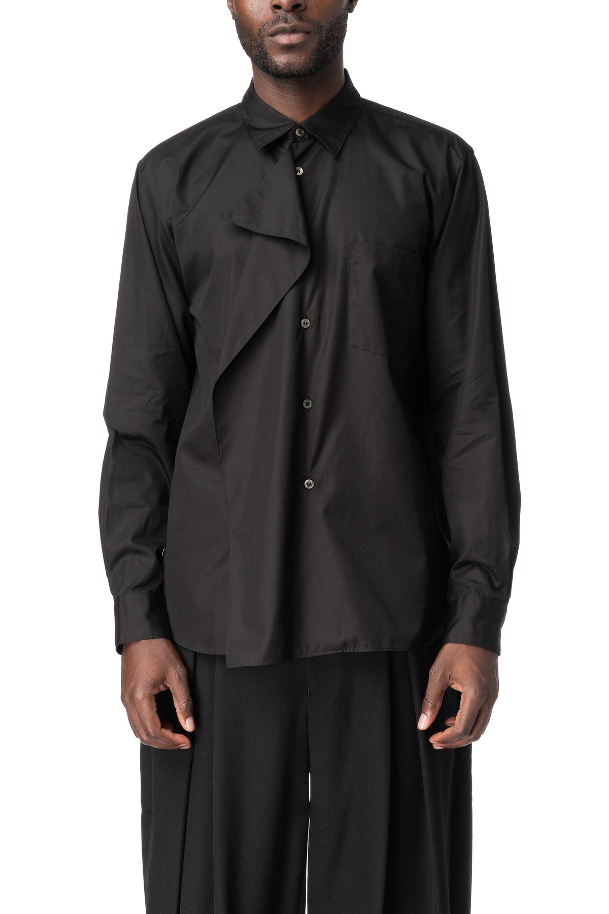Asymmetric draped panel cotton shirt, Black