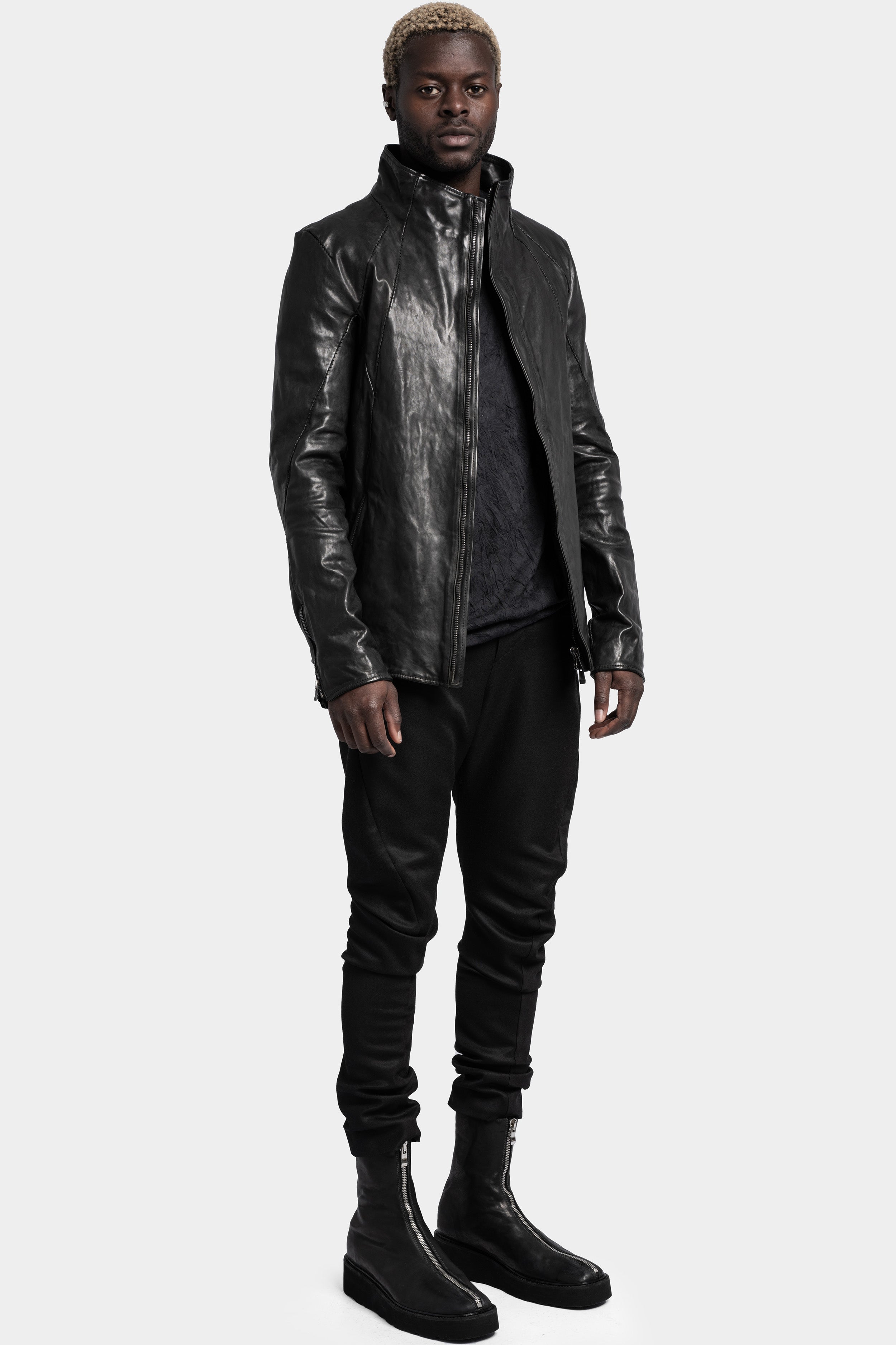 【YOURNUS】Kino Leather Hood Zip-Up Incarnation | High neck hidden zip leather jacket, 12611