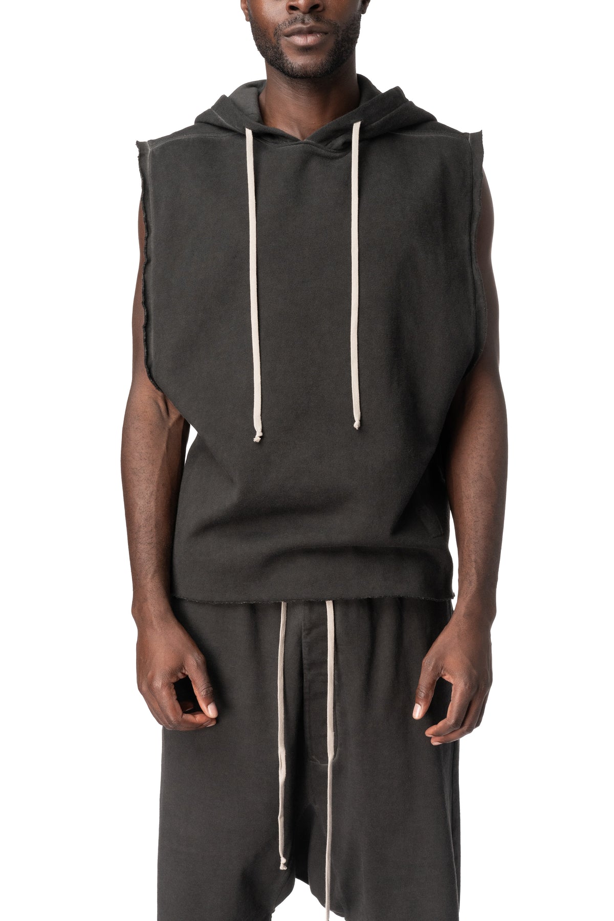Sleeveless raw cut hoodie, Faded Black