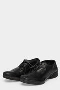 Asymmetrical laced leather horseshoe heel derbies