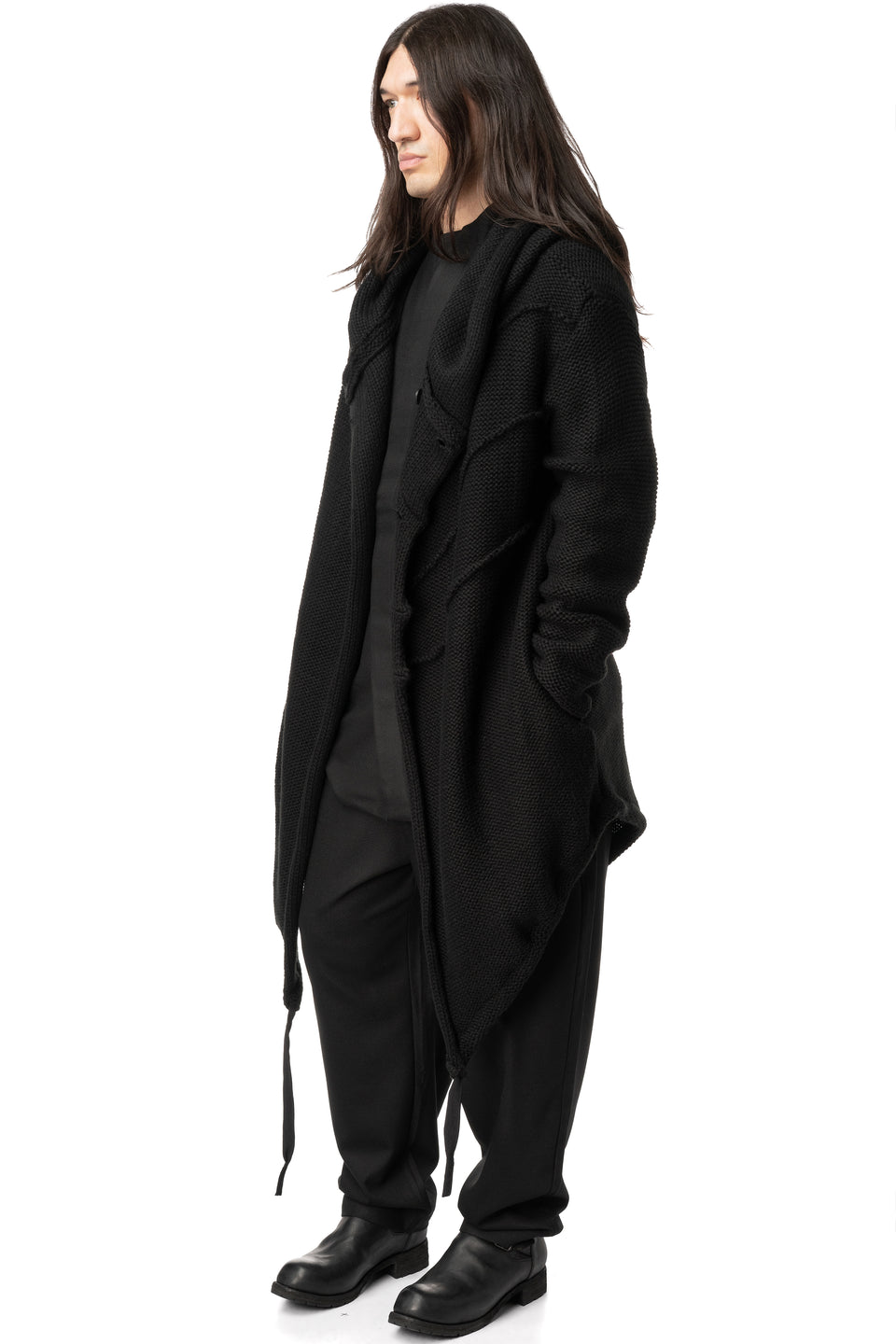 Asymmetric hooded knit cardigan coat, Black