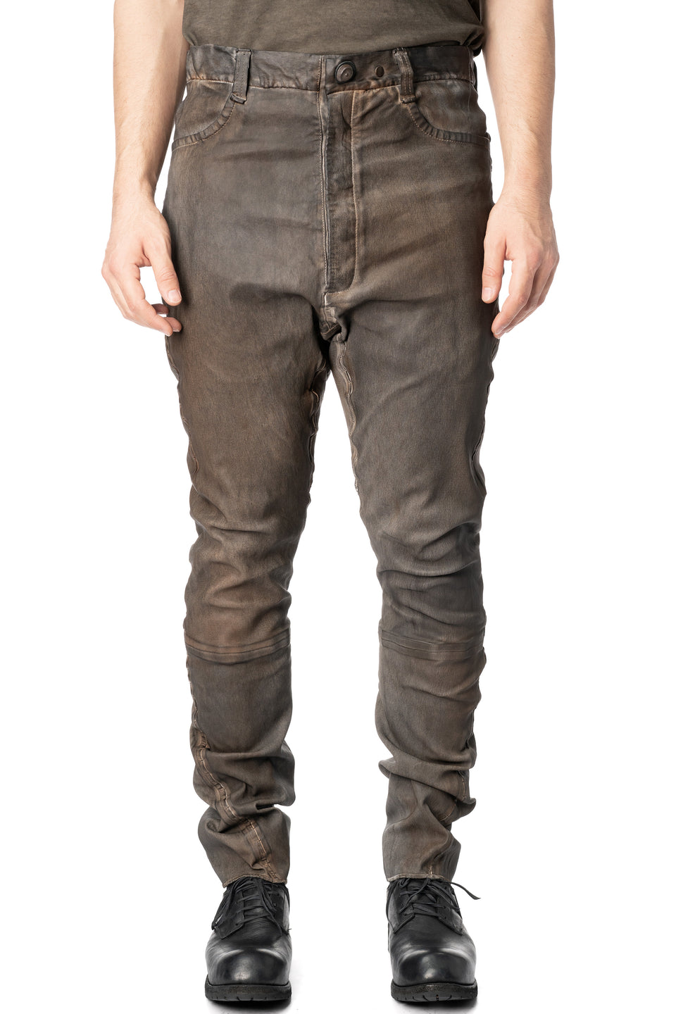 Low crotch 4 pocket stretch leather pants, Elephant grey