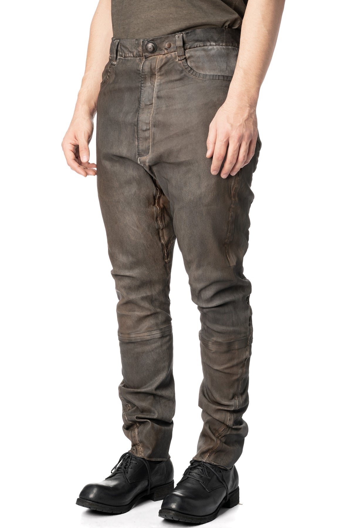 Low crotch 4 pocket stretch leather pants, Elephant grey