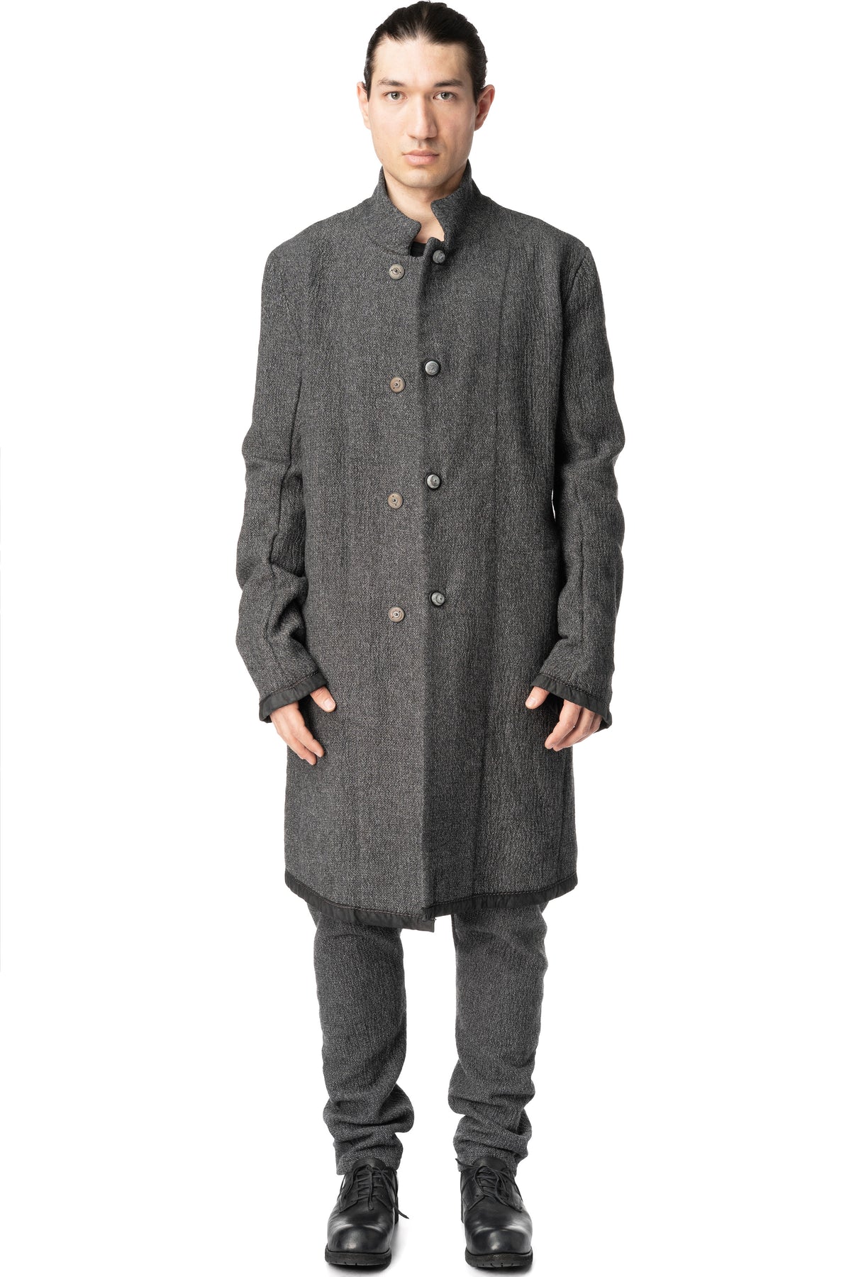 Long wool blend blazer with leather piping