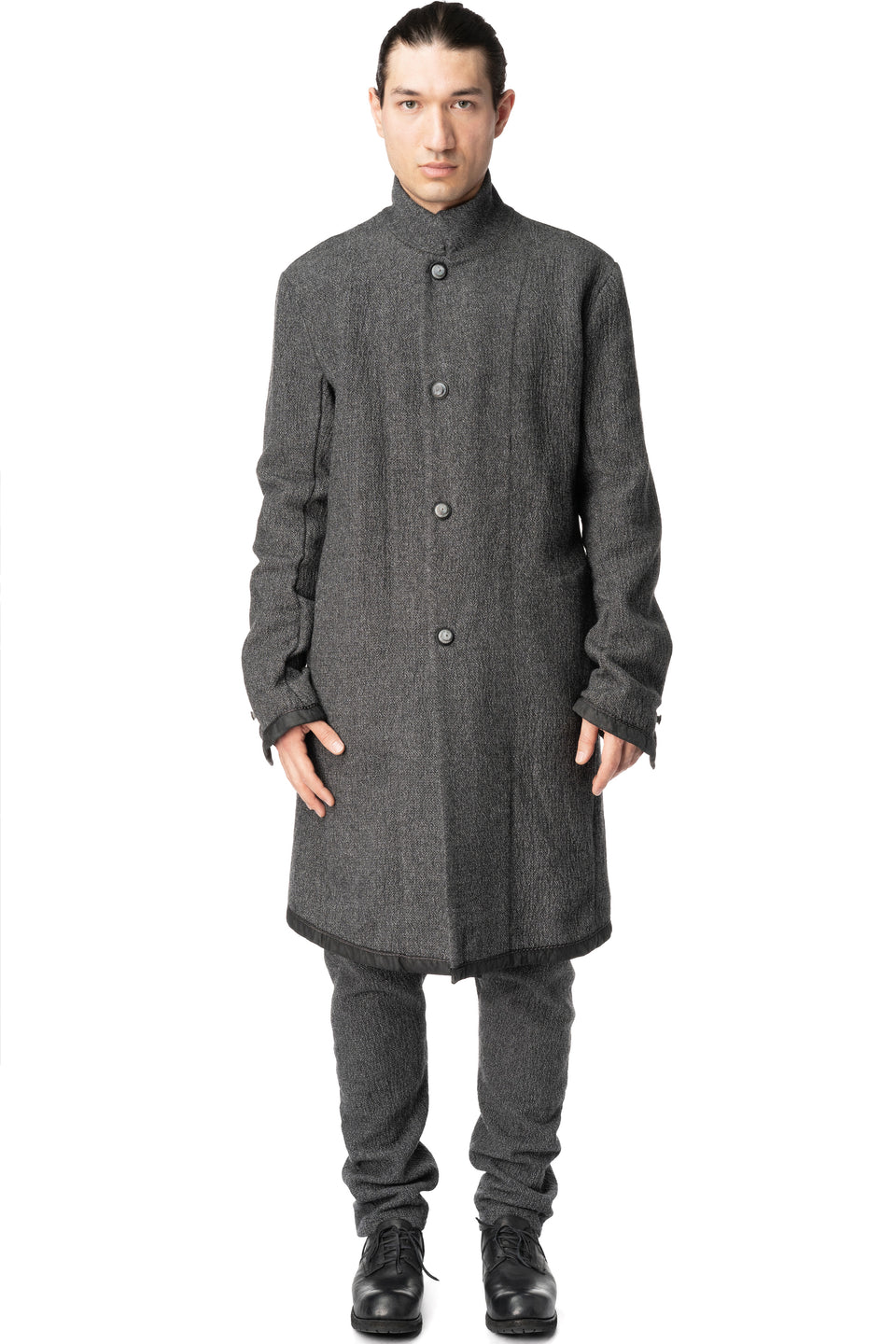 Long wool blend blazer with leather piping
